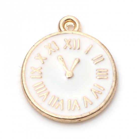 Picture of Zinc Based Alloy Charms Gold Plated White Round Clock Double Sided Enamel 17mm x 14mm, 10 PCs