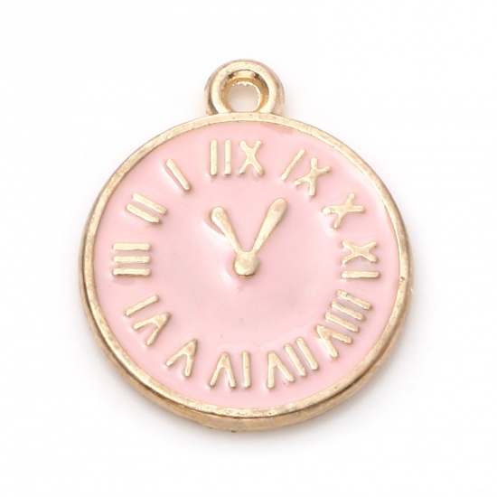 Bild von Zinklegierungs-Charms, vergoldet, rosa, runde Uhr, doppelseitig, Emaille, 17 mm x 14 mm, 10 Stück