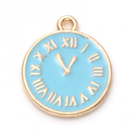 Picture of Zinc Based Alloy Charms Gold Plated Blue Round Clock Double Sided Enamel 17mm x 14mm, 10 PCs