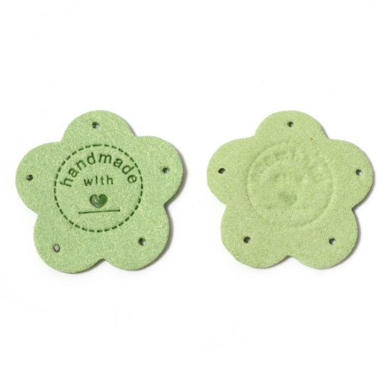 Immagine di PU Tag Etichetta Fiore Verde Chiaro " Handmade " 3.5cm x 3.5cm , 10 Pz