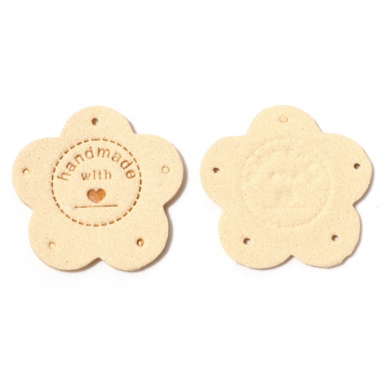 Picture of PU Leather Label Tags Flower Pale Yellow " Handmade " 3.5cm x 3.5cm , 10 PCs
