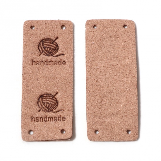 Picture of PU Leather Label Tags Rectangle Khaki " Handmade " 5cm x 2cm , 10 PCs