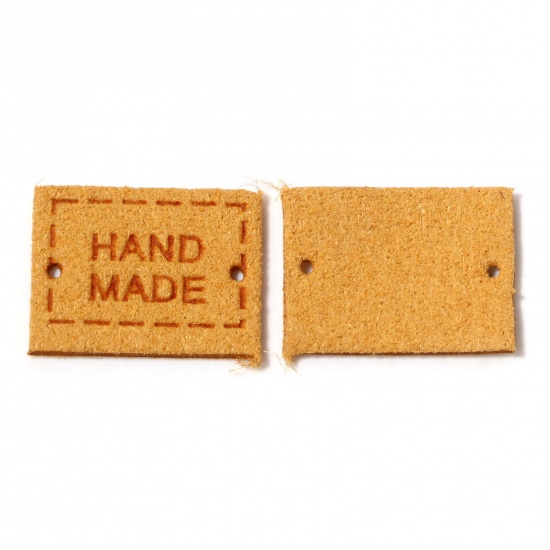 Picture of PU Leather Label Tags Rectangle Yellow " Handmade " 20mm x 15mm , 20 PCs