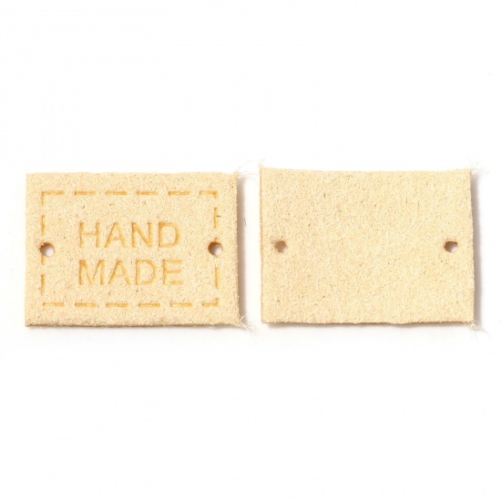 Picture of PU Leather Label Tags Rectangle Beige " Handmade " 20mm x 15mm , 20 PCs
