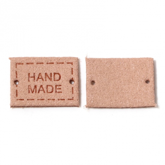 Picture of PU Leather Label Tags Rectangle Khaki " Handmade " 20mm x 15mm , 20 PCs