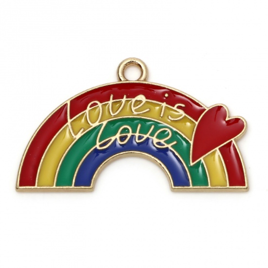 Image de Pendentifs Collection de Météo en Alliage de Zinc Arc-en-ciel Doré Multicolore Cœur Message" LOVE IS LOVE " Émail 3cm x 1.8cm, 10 Pcs