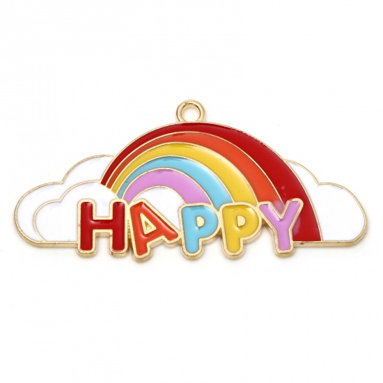 Image de Pendentifs Collection de Météo en Alliage de Zinc Arc-en-ciel Doré Multicolore Nuages Message" Happy " Émail 4.8cm x 2.3cm, 10 Pcs