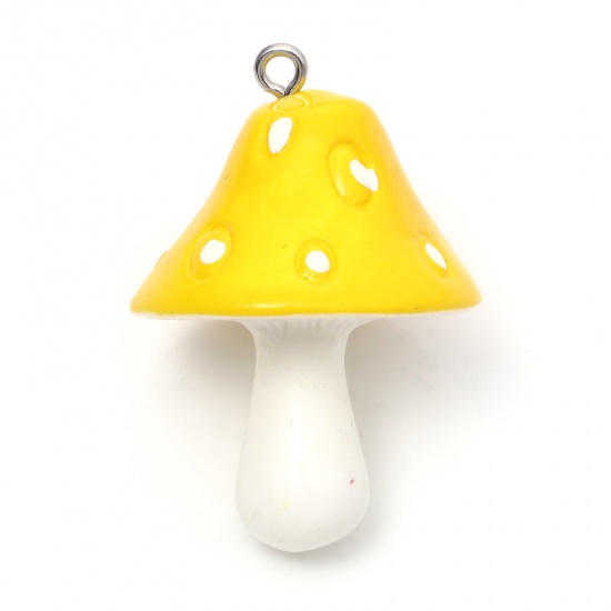 Picture of Resin 3D Pendants Mushroom Silver Tone Yellow Opaque 3.7x2.6cm - 3.5x2.5cm, 10 PCs