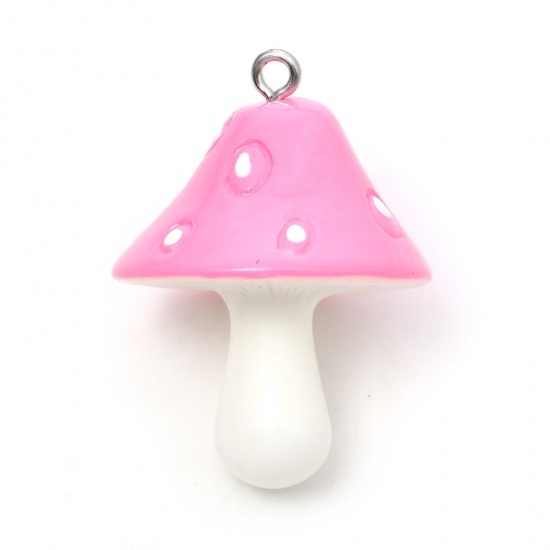 Picture of Resin 3D Pendants Mushroom Silver Tone Pink Opaque 3.7x2.6cm - 3.5x2.5cm, 10 PCs