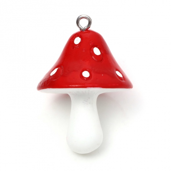 Picture of Resin 3D Pendants Mushroom Silver Tone Red Opaque 3.7x2.6cm - 3.5x2.5cm, 10 PCs
