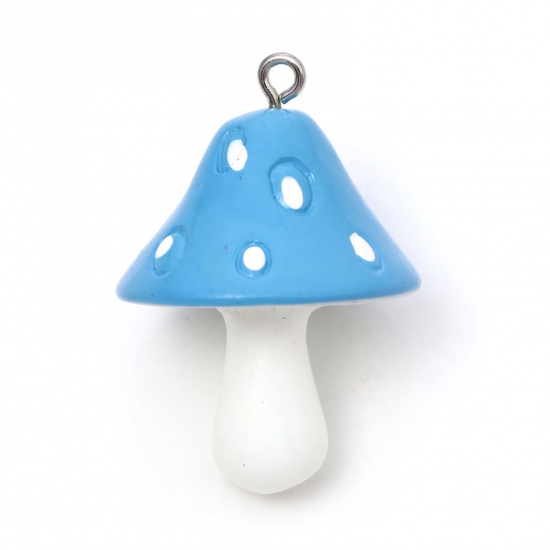 Picture of Resin 3D Pendants Mushroom Silver Tone Blue Opaque 3.7x2.6cm - 3.5x2.5cm, 10 PCs