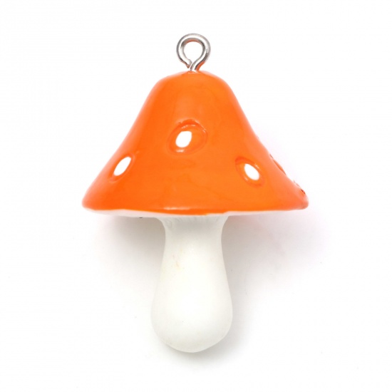 Picture of Resin 3D Pendants Mushroom Silver Tone Orange Opaque 3.7x2.6cm - 3.5x2.5cm, 10 PCs