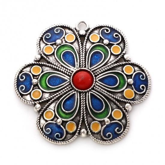 Picture of Zinc Based Alloy Ethnic Pendants Antique Silver Color Multicolor Flower Leaves Enamel 4.2cm x 3.9cm, 2 PCs