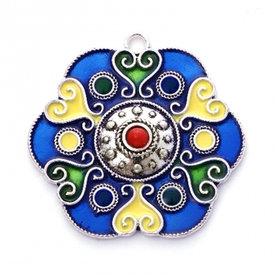 Picture of Zinc Based Alloy Ethnic Pendants Antique Silver Color Multicolor Flower Leaves Heart Enamel 3.9cm x 3.9cm, 2 PCs