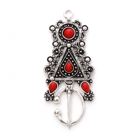 Picture of Zinc Based Alloy Ethnic Pendants Antique Silver Color Red Triangle With Resin Cabochons 6.9cm x 2.9cm, 2 PCs