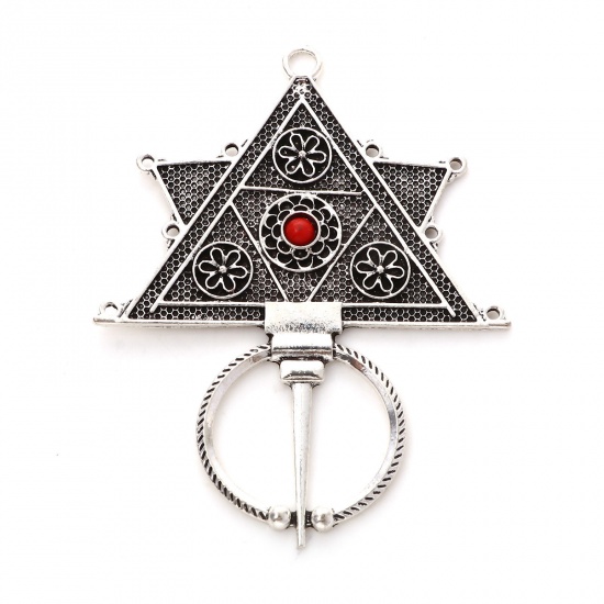 Picture of Zinc Based Alloy Ethnic Pendants Antique Silver Color Red Polygon With Resin Cabochons 6.8cm x 5.4cm, 2 PCs