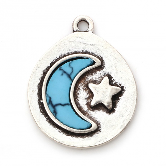 Picture of Zinc Based Alloy Boho Chic Bohemia Charms Antique Silver Color Blue Drop Star And Crescent With Resin Cabochons Imitation Turquoise 23mm x 18mm, 10 PCs