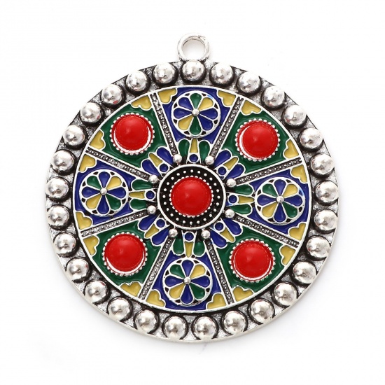 Picture of Zinc Based Alloy Ethnic Pendants Antique Silver Color Multicolor Round Flower Enamel 5.4cm x 4.9cm, 2 PCs