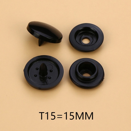 Picture of Plastic Snap Fastener Buttons Round Black 15mm Dia, 100 Sets