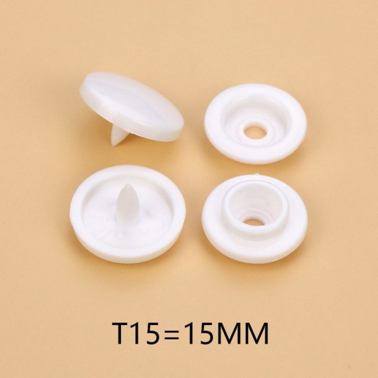 Picture of Plastic Snap Fastener Buttons Round White 15mm Dia, 100 Sets
