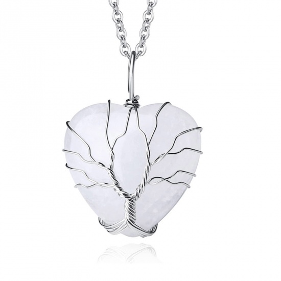 Picture of Quartz Rock Crystal ( Natural ) Wire Wrapped Pendants Silver Tone White Heart 37mm x 31mm, 1 Piece