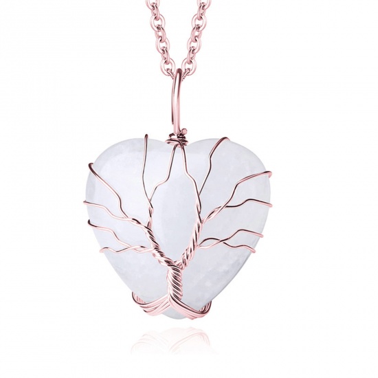 Picture of Quartz Rock Crystal ( Natural ) Wire Wrapped Pendants Rose Gold White Heart 37mm x 31mm, 1 Piece