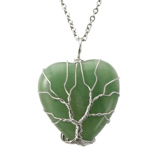 Picture of Aventurine ( Natural ) Wire Wrapped Pendants Silver Tone Green Heart 37mm x 31mm, 1 Piece