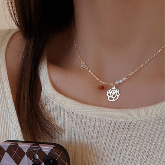 Picture of Brass Ins Style Pendant Necklace Camellia Flower Gold Plated Hollow Clear Rhinestone 37cm(14 5/8") long, 1 Piece                                                                                                                                              