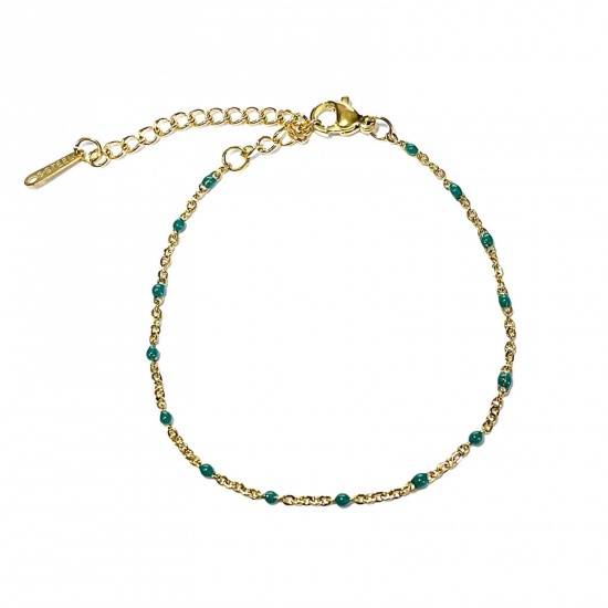 Picture of 304 Stainless Steel Stylish Link Cable Chain Bracelets Gold Plated Green Enamel 16cm(6 2/8") long, 1 Piece