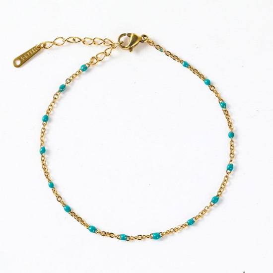 Picture of 304 Stainless Steel Stylish Link Cable Chain Bracelets Gold Plated Blue Enamel 16cm(6 2/8") long, 1 Piece