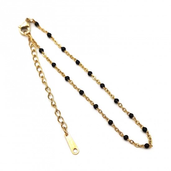 Picture of 304 Stainless Steel Stylish Link Cable Chain Bracelets Gold Plated Black Enamel 16cm(6 2/8") long, 1 Piece