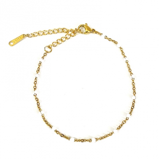 Picture of 304 Stainless Steel Stylish Link Cable Chain Bracelets Gold Plated White Enamel 16cm(6 2/8") long, 1 Piece