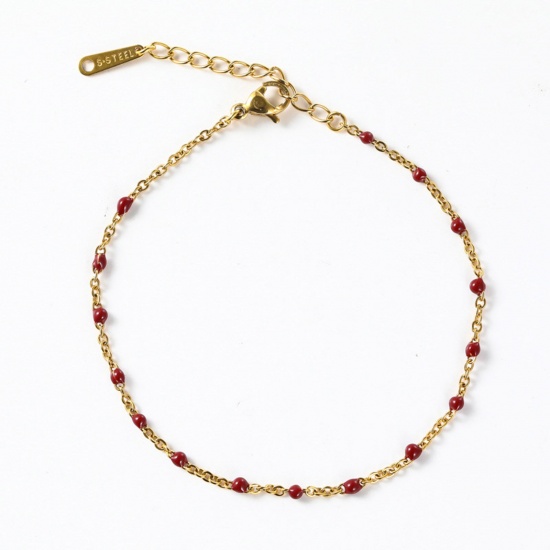 Picture of 304 Stainless Steel Stylish Link Cable Chain Bracelets Gold Plated Wine Red Enamel 16cm(6 2/8") long, 1 Piece