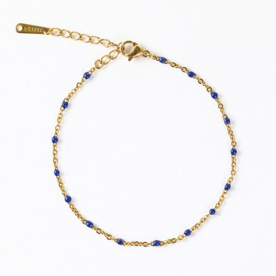 Picture of 304 Stainless Steel Stylish Link Cable Chain Bracelets Gold Plated Royal Blue Enamel 16cm(6 2/8") long, 1 Piece