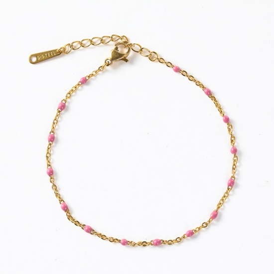 Picture of 304 Stainless Steel Stylish Link Cable Chain Bracelets Gold Plated Light Pink Enamel 16cm(6 2/8") long, 1 Piece