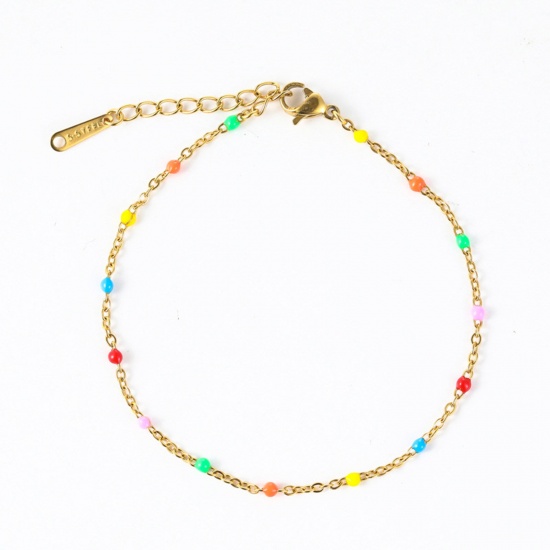 Picture of 304 Stainless Steel Stylish Link Cable Chain Bracelets Gold Plated Multicolor Enamel 16cm(6 2/8") long, 1 Piece