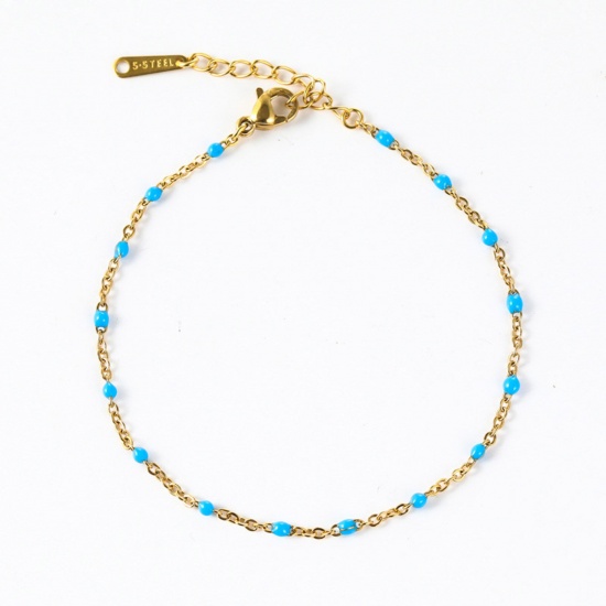 Picture of 304 Stainless Steel Stylish Link Cable Chain Bracelets Gold Plated Lake Blue Enamel 16cm(6 2/8") long, 1 Piece
