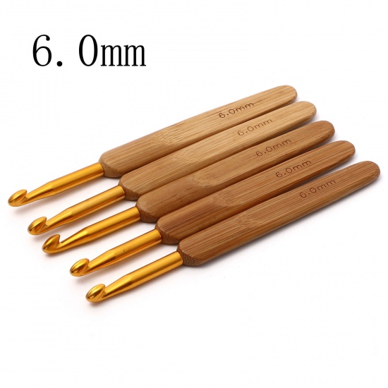 Picture of (US10 6.0mm) Natural Bamboo Crochet Hooks Needles Gold Plated 13.5cm(5 3/8") long, 1 Piece