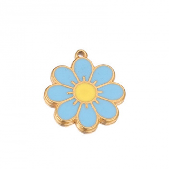 Picture of 304 Stainless Steel Charms Gold Plated Blue Flower Enamel 21.5mm x 19mm, 1 Piece