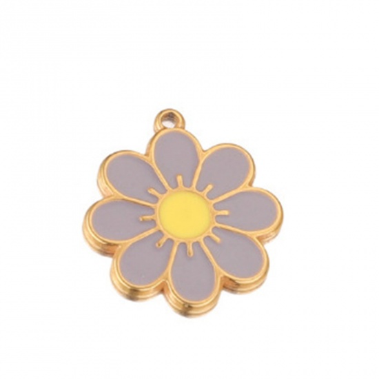 Picture of 304 Stainless Steel Charms Gold Plated Gray Flower Enamel 21.5mm x 19mm, 1 Piece