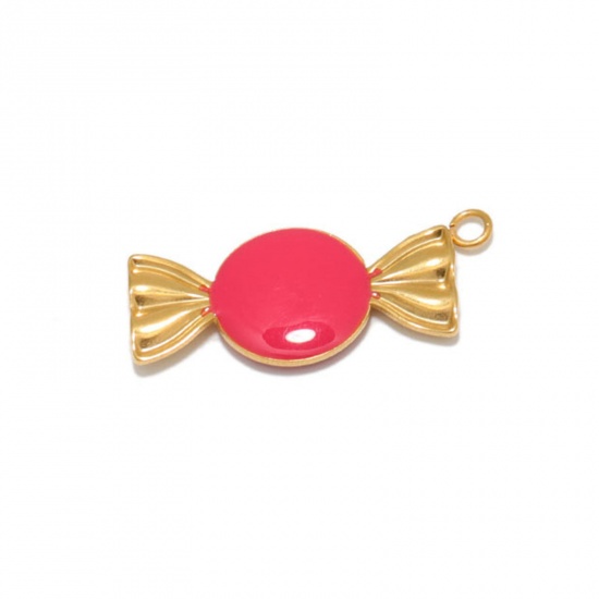 Picture of 304 Stainless Steel Charms Gold Plated Red Candy Enamel 25mm x 12mm, 2 PCs