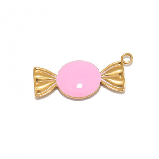 Picture of 304 Stainless Steel Charms Gold Plated Pink Candy Enamel 25mm x 12mm, 2 PCs