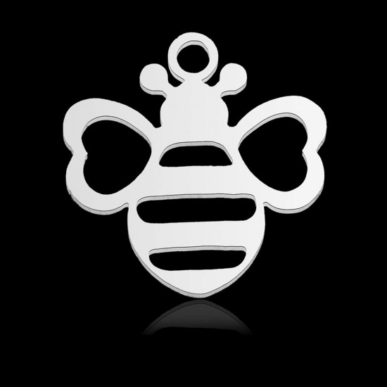 Picture of 304 Stainless Steel Charms Silver Tone Bee Animal 13mm x 13mm, 2 PCs
