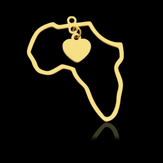 Imagen de 304 Acero Inoxidable Colgantes Charms Mapa Chapado en Oro Corazón 35mm x 30mm, 2 Unidades