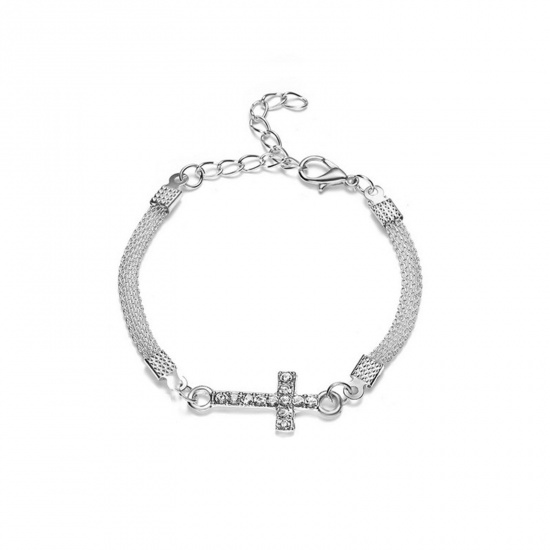Picture of Brass Exquisite Bracelets Silver Plated Cross Clear Cubic Zirconia 18cm(7 1/8") long, 1 Piece                                                                                                                                                                 