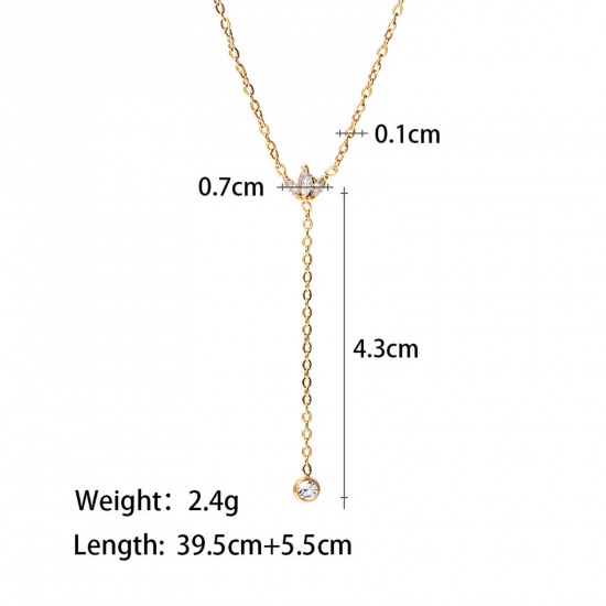 Picture of 304 Stainless Steel Simple Link Cable Chain Pendant Necklace 18K Real Gold Plated Tassel Crown Clear Rhinestone 39cm(15 3/8") long, 1 Piece