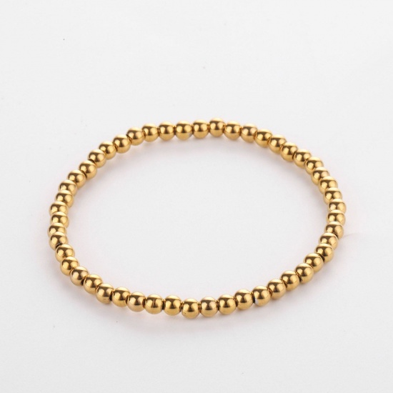 Picture of 304 Stainless Steel Stylish Dainty Bracelets Delicate Bracelets Beaded Bracelet Gold Plated Elastic 18cm(7 1/8") long, 3mm, 1 Piece