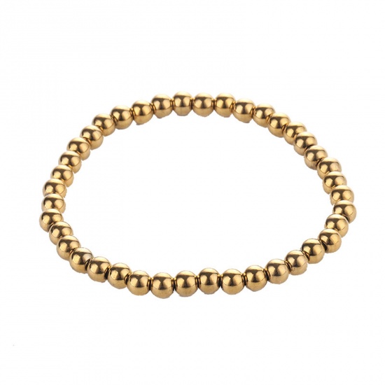 Picture of 304 Stainless Steel Stylish Dainty Bracelets Delicate Bracelets Beaded Bracelet Gold Plated Elastic 18cm(7 1/8") long, 5mm, 1 Piece