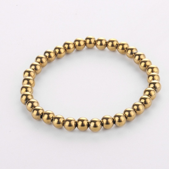 Picture of 304 Stainless Steel Stylish Dainty Bracelets Delicate Bracelets Beaded Bracelet Gold Plated Elastic 18cm(7 1/8") long, 6mm, 1 Piece