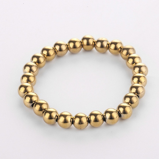 Picture of 304 Stainless Steel Stylish Dainty Bracelets Delicate Bracelets Beaded Bracelet Gold Plated Elastic 18cm(7 1/8") long, 8mm, 1 Piece